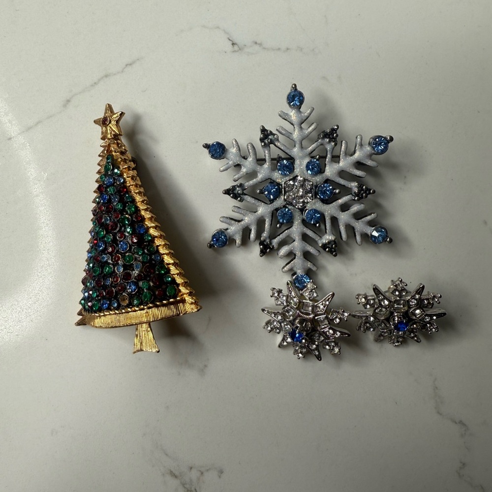 Festive Tree and Snowflake Brooches & earrings